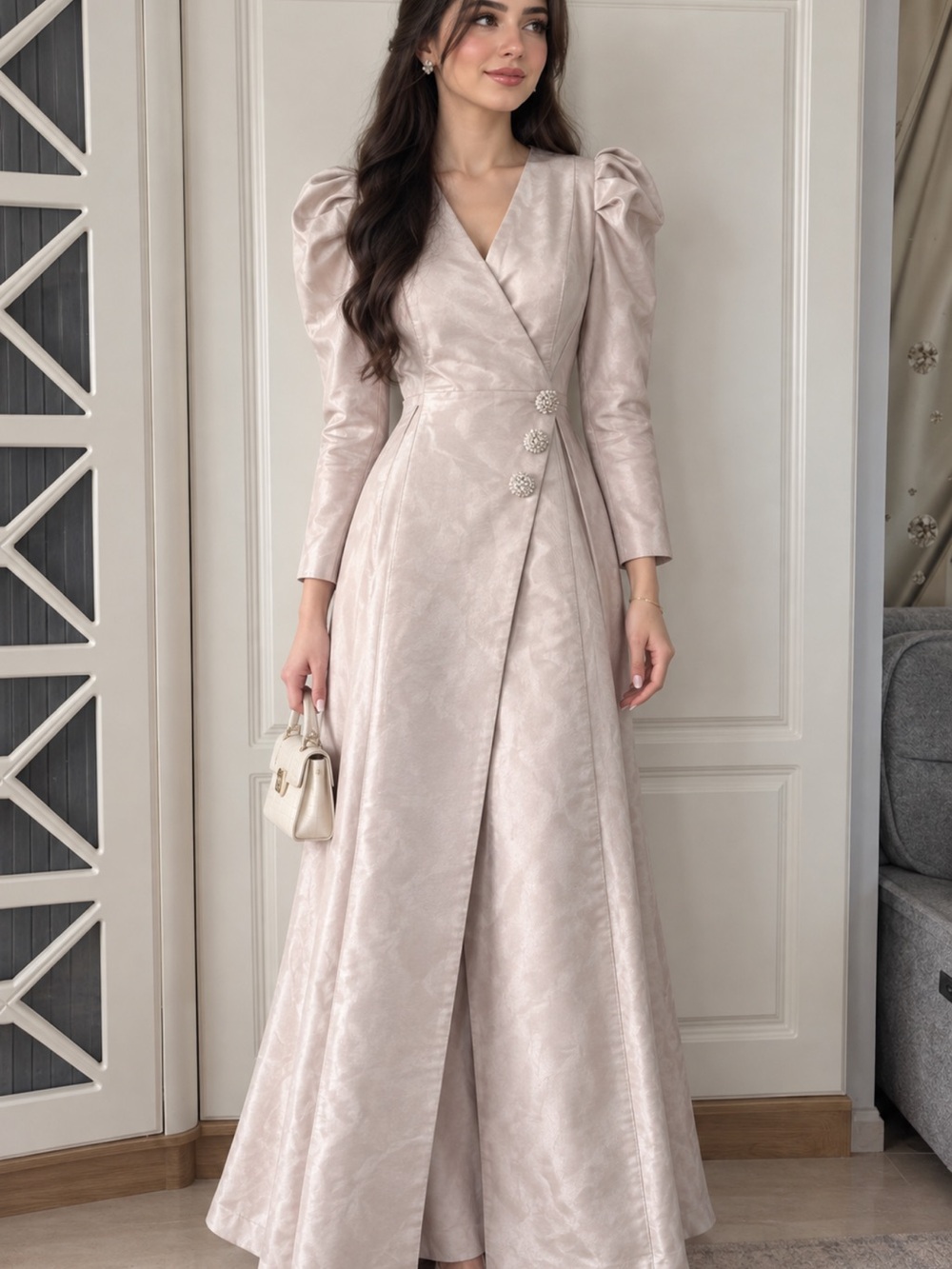 Elegant Long Puff-Sleeve Wrap Dress in Champagne